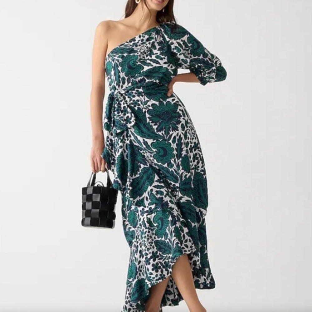 J Crew Collection One-Shoulder Ruffle-Hem Dress in Emerald Floral